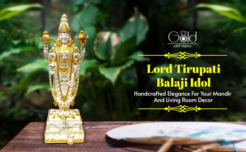 Image of Gold Art India Lord Tirupati Balaji Idol with Garuda Murti for Mandir Pooja Room Lord Vishnu Shree Venkateswara Swamy Statue God Balaji Home Decor Showpiece Gift Living Room (Gold Silver Plated)