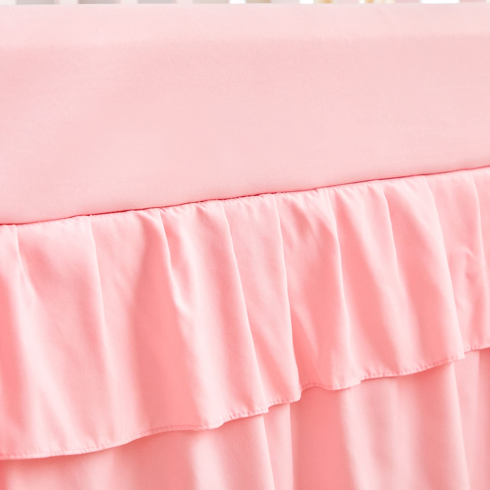Juego de ropa de cama de cuna con volantes copetudos, 3 piezas, edredón bohemio acolchado con sábana bajera y falda de cama, lindo diseño de manta suave rosa
