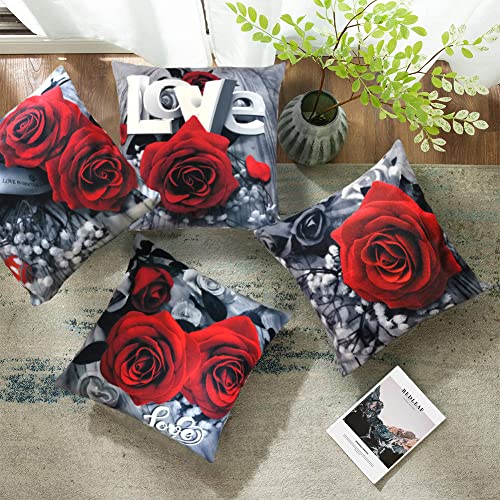 Wintam Flower Throw Pillow Covers Black Red Rose Text Love Decorative Square Pillowcases 18X18 Set Of 4 For Sofa Bedroom Living Room Decor Gift (Black Red) #TOP3