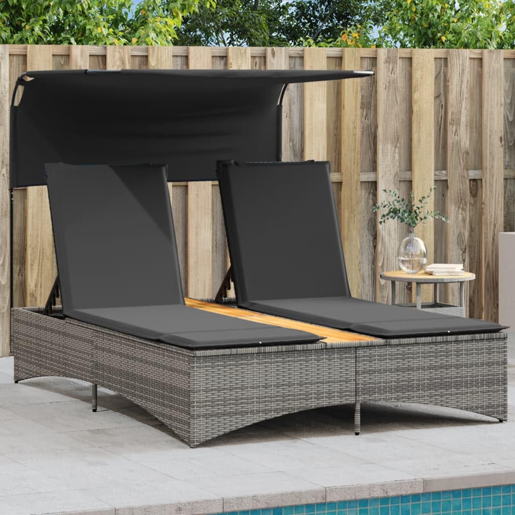 Doppel-Sonnenliege klappbar mit verstellbarem Dach 136 x 202 x 140 cm Poly-Rattan Akazienholz Gartenliege grau wetterfest für Balkon Terrasse Garten