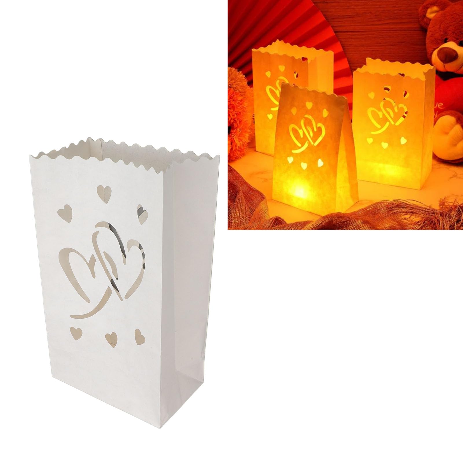 HERCHR Candle Bags,20 PCS Paper Candle Tea Light Lantern Bags White Luminary Bags with Hearts,White Paper Luminary Bags,Flame Resistant Candle Bags for Wedding,Valentine's Day,Thanksgiving,Christmas - Image 4