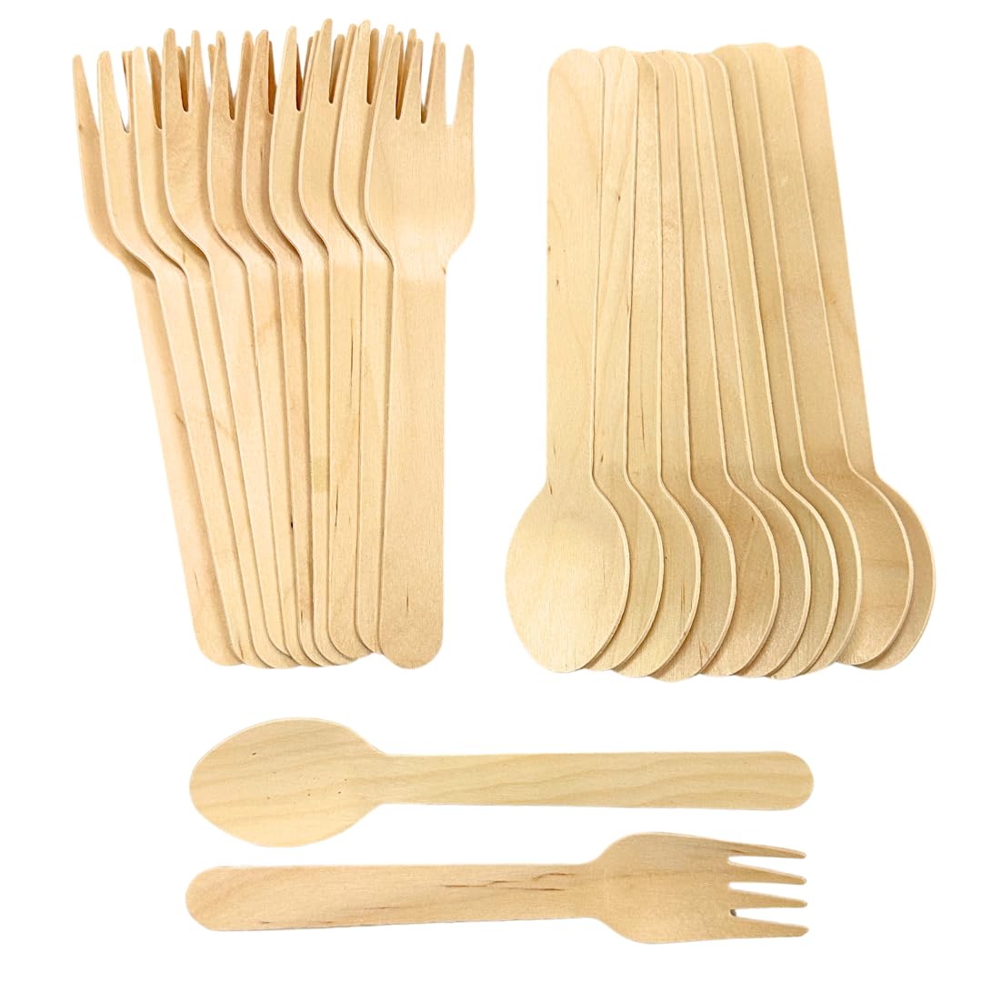 6.5 inches Disposable Wooden Cutlery, Set Spoons 50 and Forks 50 Pcs, Flatware For Camping Catering Picnic BBQ Party