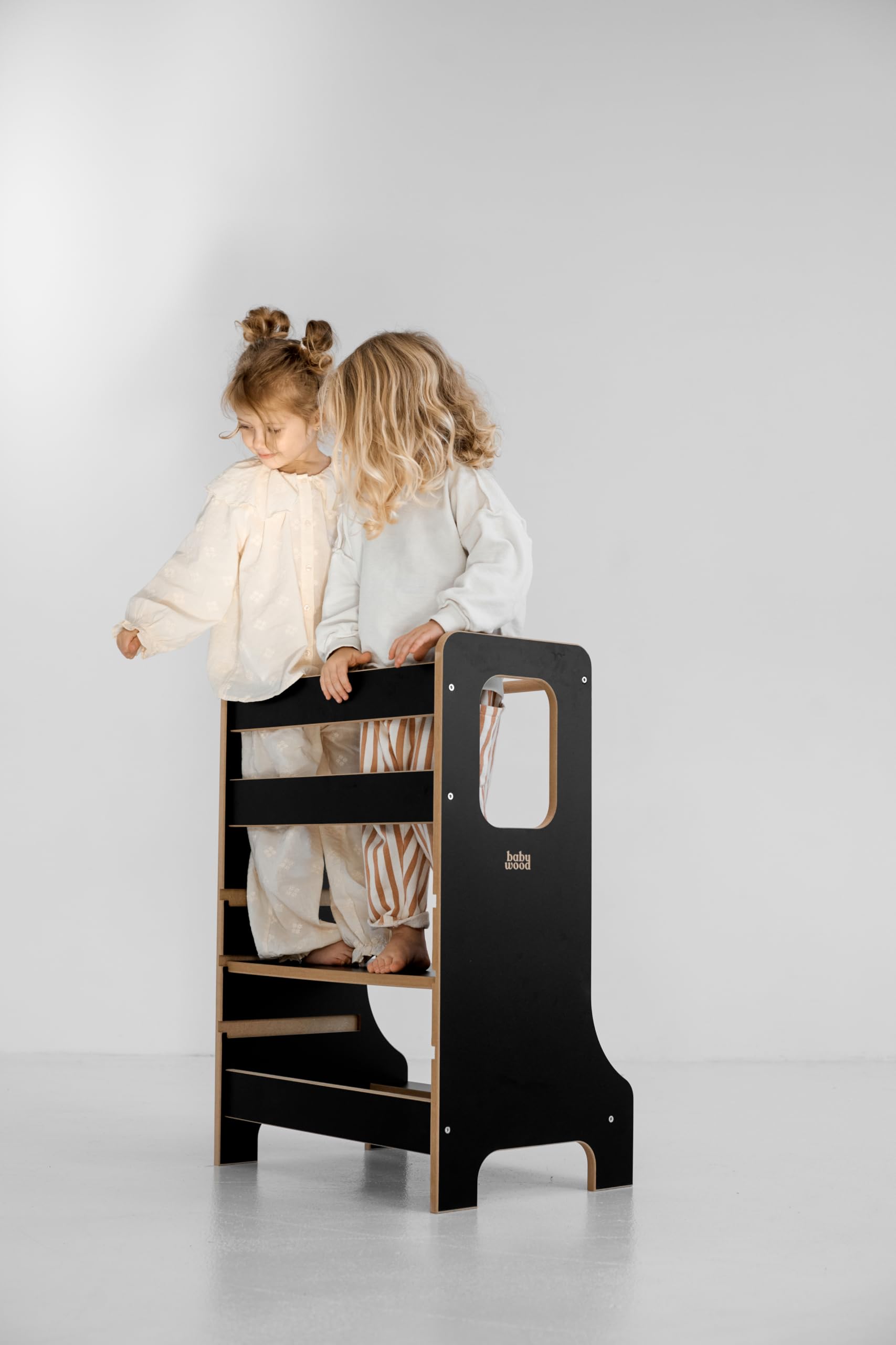 Lernturm Double Slim, Holz Lernturm für Geschwister, Entdeckungsturm für Zwei Kinder, Lernstuhl aus Holz, Learning Tower Montessori, Kitchen Helper (Weiß)