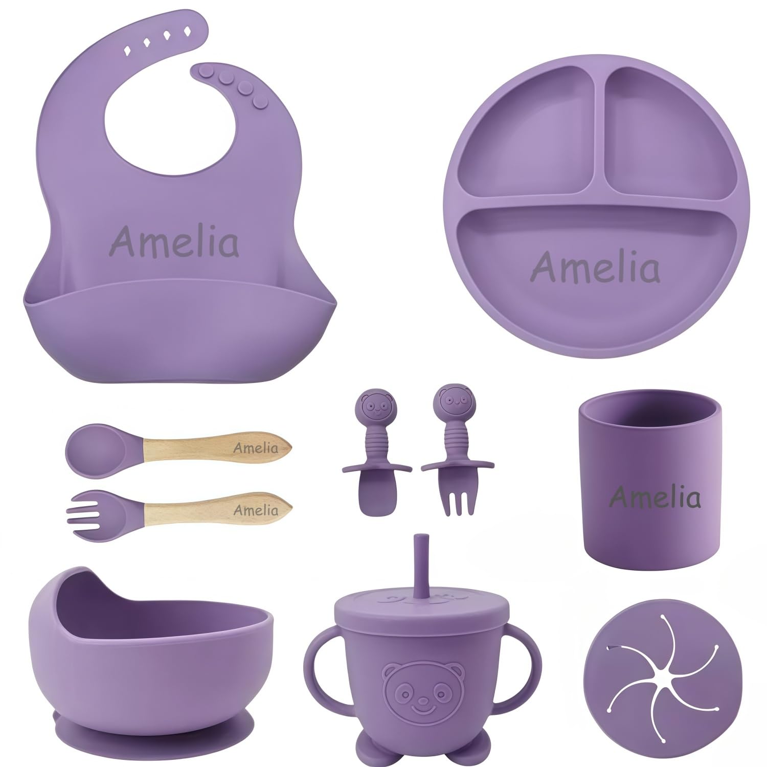 Personalized Silicone Suction Plates for Baby,Custom Toddlers Spoon and Fork, Baby Feeding Set with Name,Baby Birthday Gift for Boy & Girl (Purple)