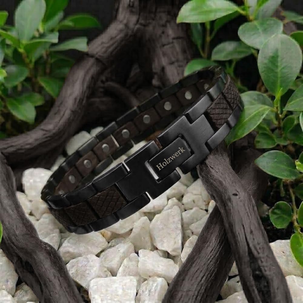 Holzwerk PARKSEE Bracelet magnétique en bois naturel pour homme et femme Bracelet magnétique en bois Bracelet pour homme et femme Marron Noir Réglable