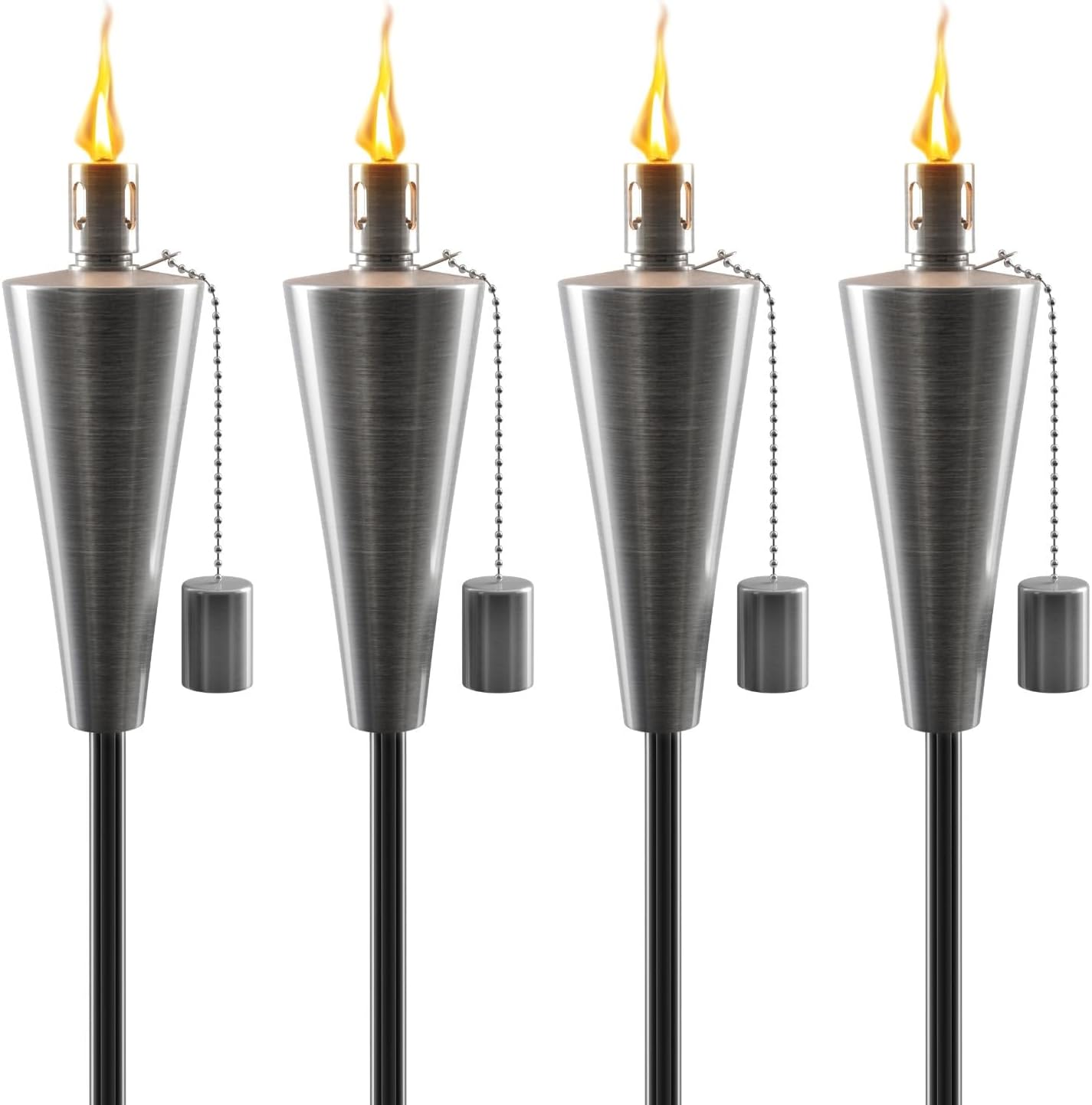 Matney Stainless Steel Tiki Torches for Outside - Outdoor Torches - Patio Garden & Yard Lights - 5 ft Oil Lamp for Citronella - Fiberglass Wick & Snuffer Cap - Set of 4 (Cone)