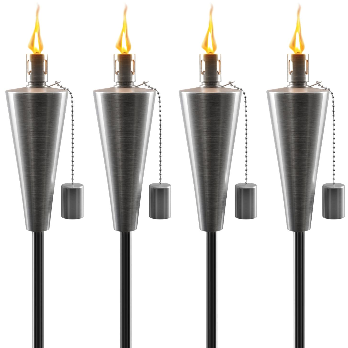 Matney Stainless Steel Tiki Torches for Outside - Outdoor Torches - Patio Garden & Yard Lights - 5 ft Oil Lamp for Citronella - Fiberglass Wick & Snuffer Cap - Set of 4 (Cone)