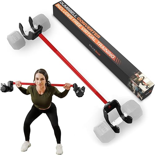 Red Dumbbell Barbell Converter Bar- Includes Virtual Training - Compatible With All Dumbbells Including BowFlex - 200 Lb Max Weight Capacity - 2.5 Feet Bar Length, Dumbbell Attachment With Fast Weight Swaps