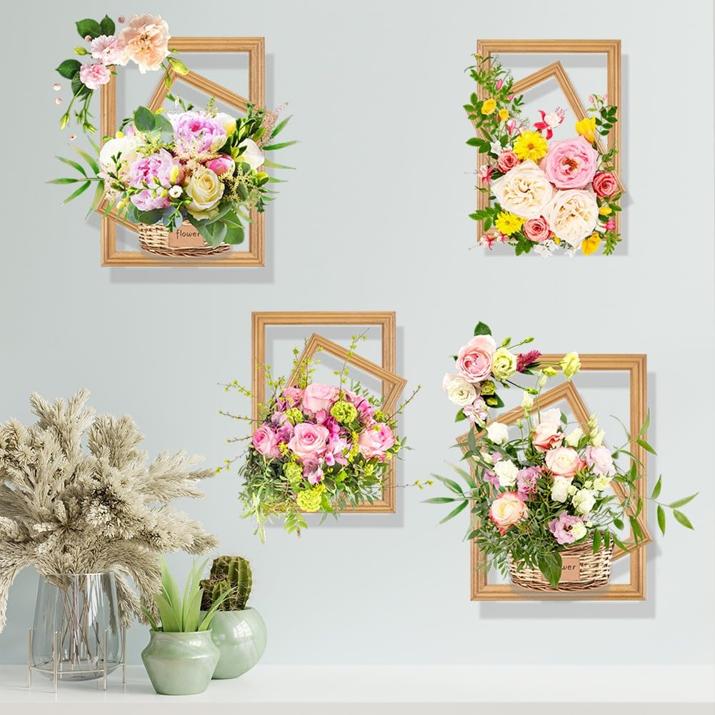 SMAOSTORE(また) ウォールステッカー 生花 葉 花籠 ステッカー おしゃれ 木製フレーム 花のバスケットの花 部屋 寝室 ベッドルーム 幼稚園 教室 背景の壁 防水 はがせる ウォール ペーパー 壁紙 シール