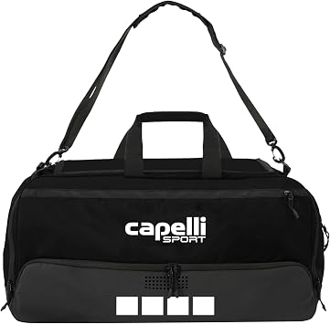 Capelli Sport Duffel Bag, Pitch I Large Travel Gym Bag with Shoe Compartment and Adjustable Shoulder Strap, Black/White