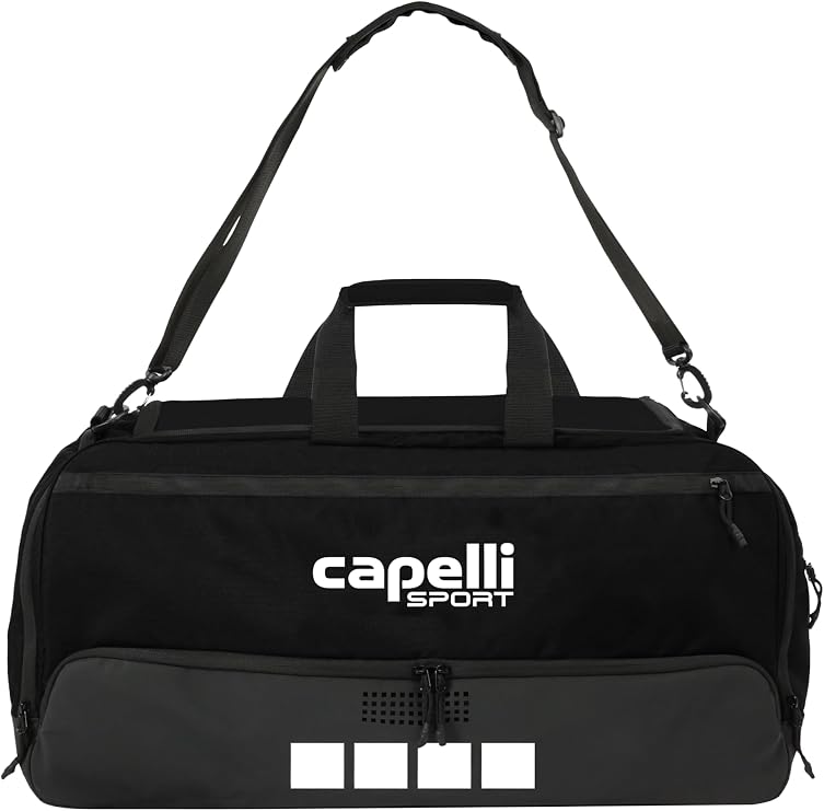Capelli Sport Duffel Bag, Pitch I Large Travel Gym Bag with Shoe Compartment and Adjustable Shoulder Strap, Black/White