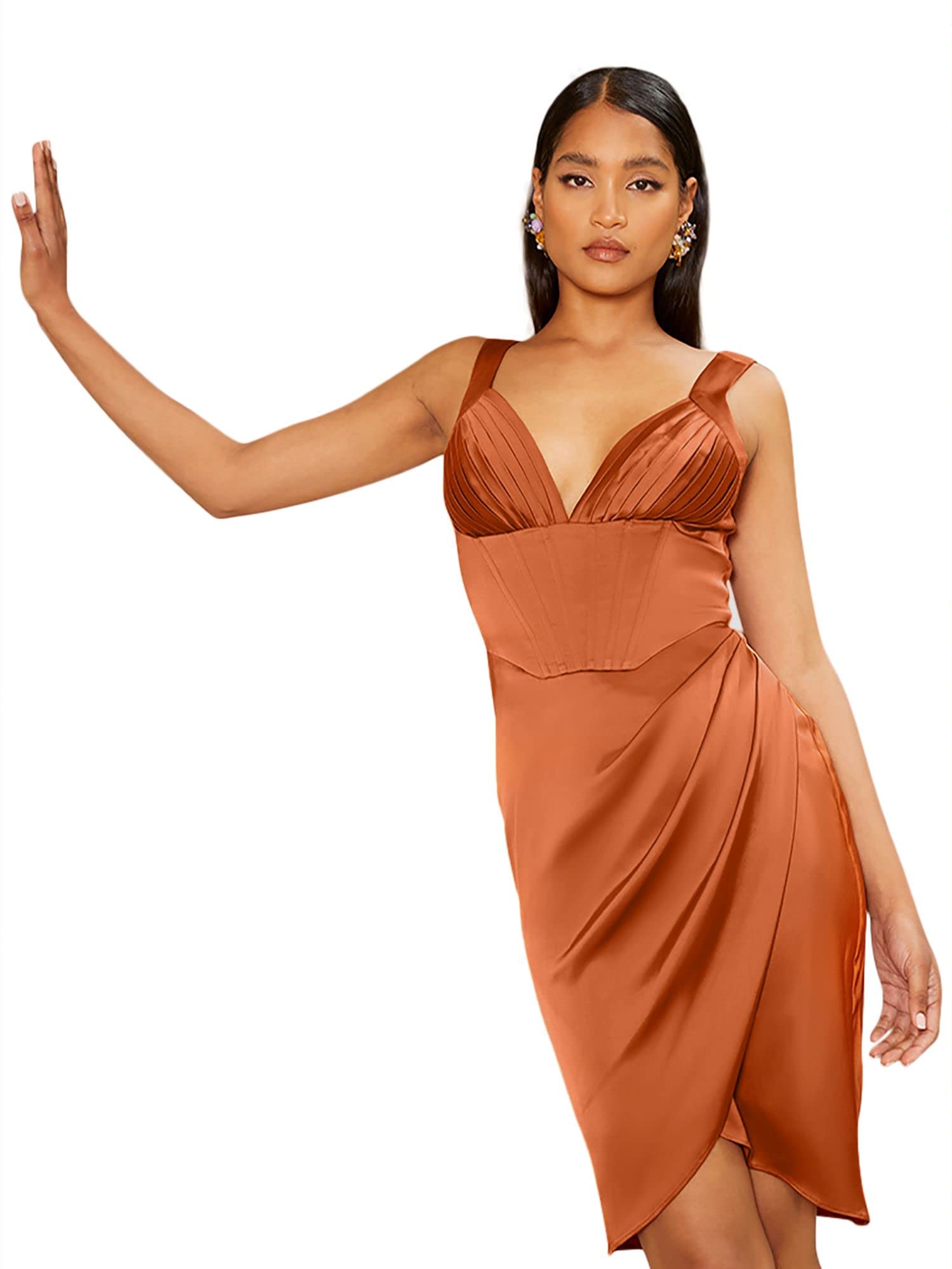 Chi Chi London Mini Abito Increspato Stile Corsetto in Ruggine Vestito per Occasioni Speciali Donna