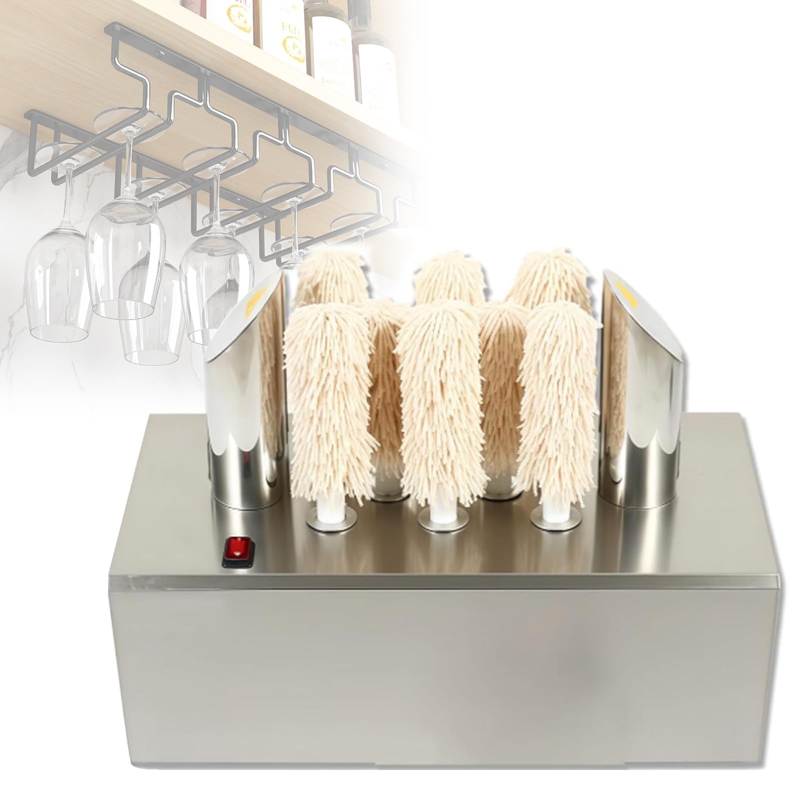 Ofyphth Electric Wine Glass Polisher, Commercial Glass Washer, 3/5/8 Brush Electric Cup Washer, Bar Glass Cleaner, 300 Cups/Hour, Hot Air Drying, Suitable for Kitchens/Restaurants/Hotels. 8Head