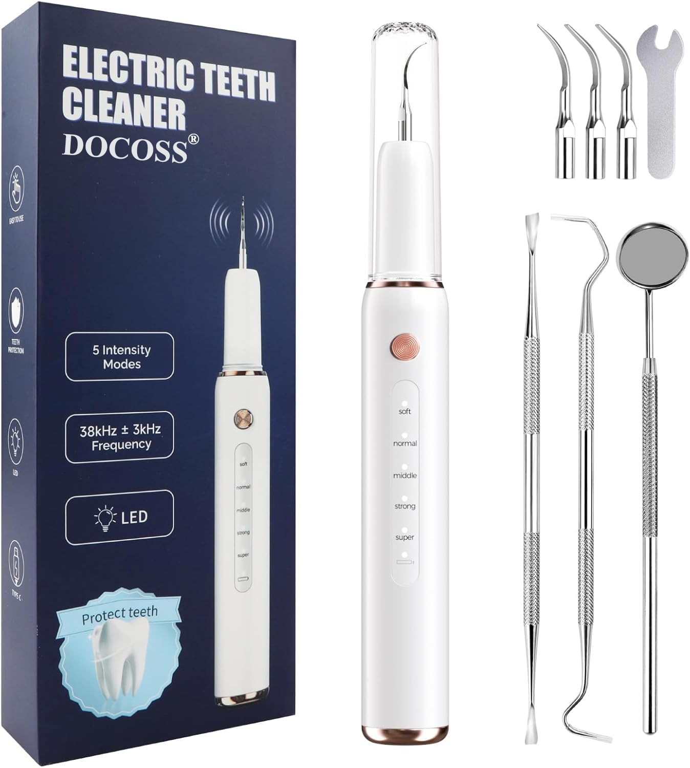 Docoss Electric Teeth Whitening Kit – Instant Teeth Stain Remover, Teeth Tartar Plaque Remover with 5 Adjustable Mode & 3 Replacement Head, Tooth Cleaning Kit with LED for a Brighter Smile