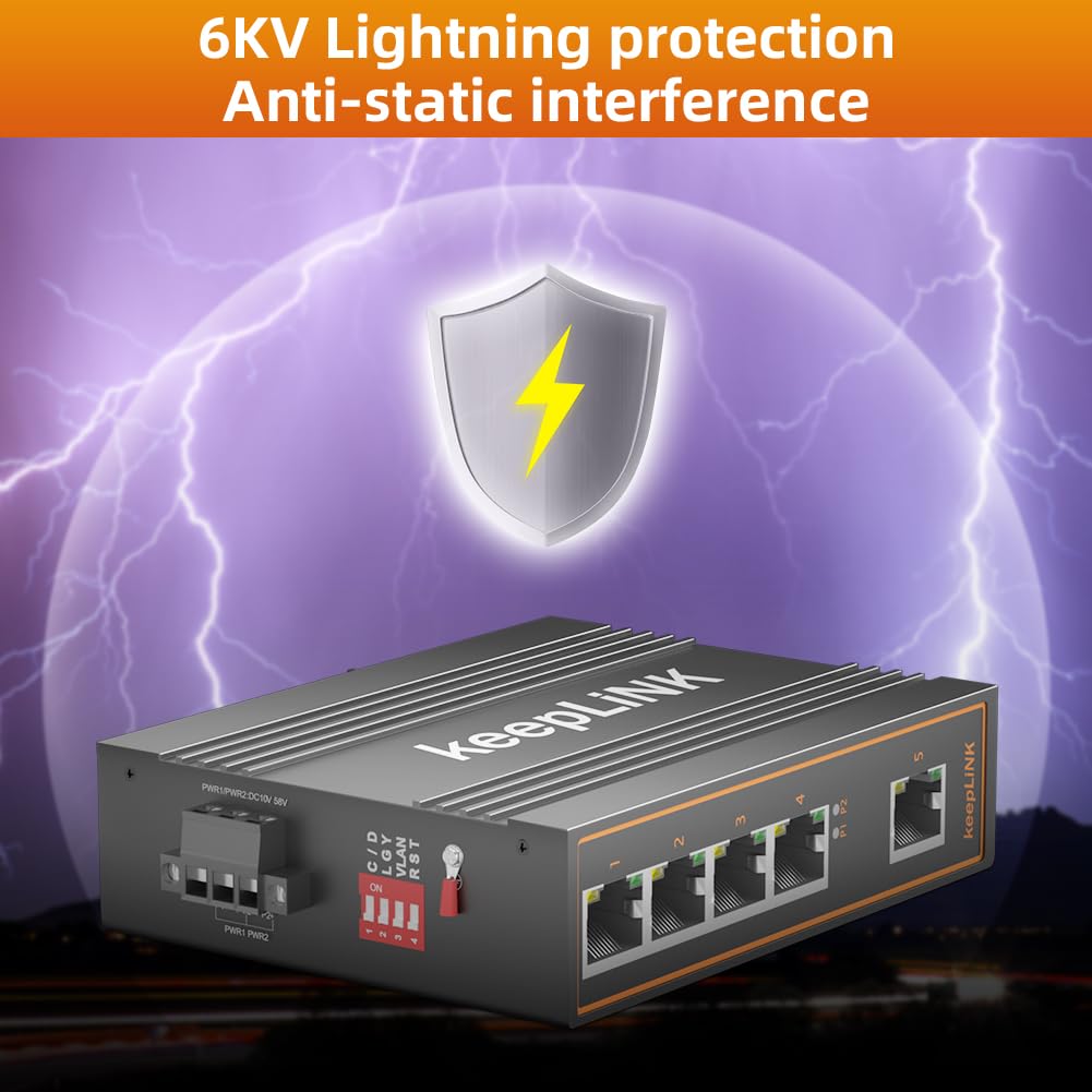 Poe Switch für unmanagtes industrielles Netzwerk mit 5 Ports, 125 W Fast Ethernet DIN-Schienenswitch, Betriebstemperaturbereich IP40 von -30° bis 75°C (-22° bis 167°F)