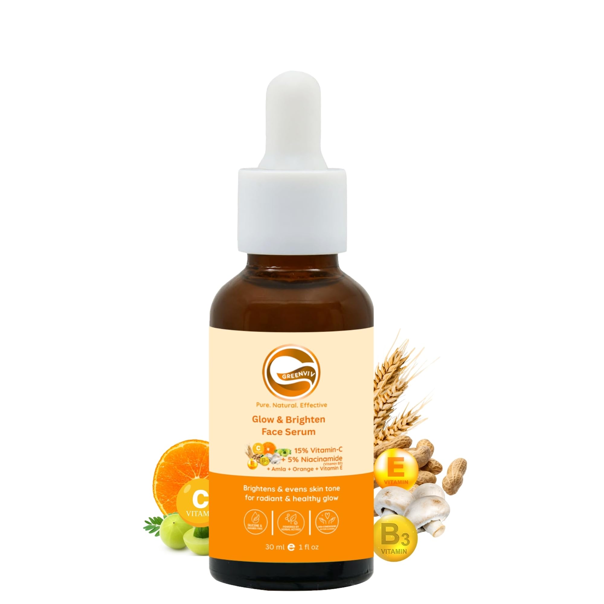 Greenviv 15% Vitamin C Face Serum for Brightening & Glow, Reduces Dullness & Evens Skin Tone with 5% Niacinamide, Amla & Vitamin E | 30 ml