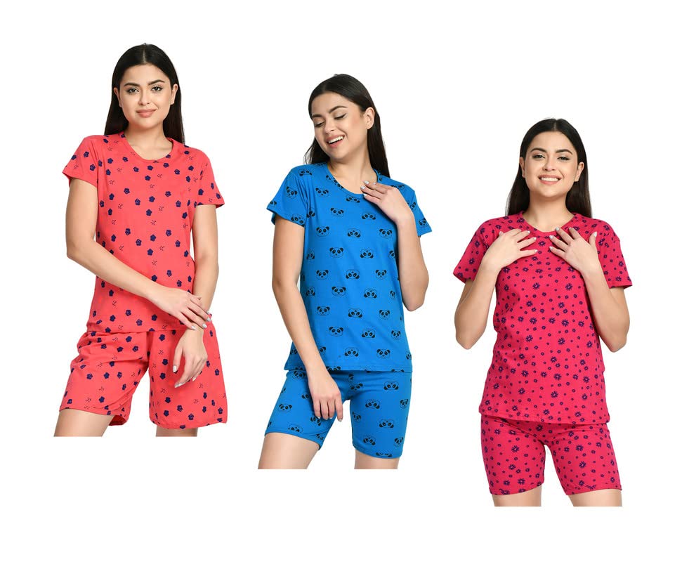 Image of IndiWeaves Cotton Printed Tops and Shorts Set Night Suit for Women (Pack of 3) Caret::Blue::Red