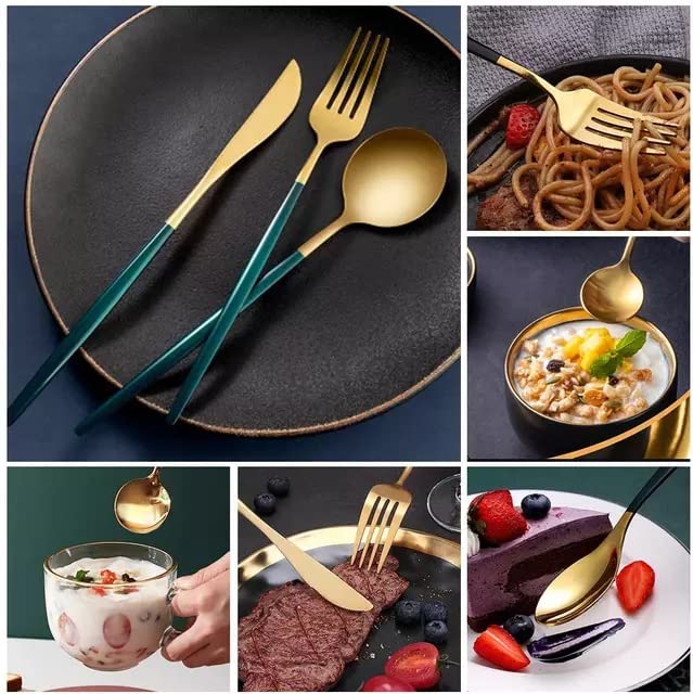 Image of aDai Premium Gold SUS304 Stainless Steel Cutlery Set - 8 Spoons, 4 Fork, 4 Steak Knife - Mirror Finish Dinnerware Flatware (Green - Set of 16)
