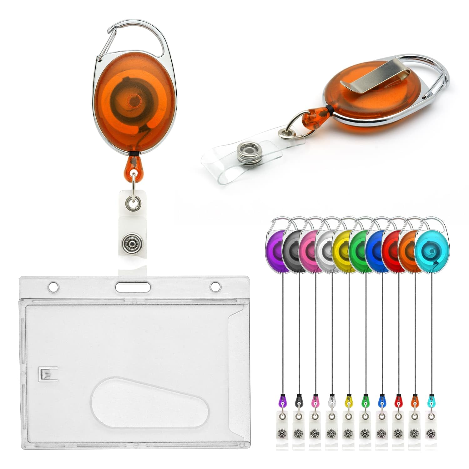 CKB LTD Badge Holder Retractable Reel Set, 5PCS Single Sided Enclosed Ejection Slot Horizontal ID Card Holder for School, Office, Identity Card Belt Clip Attachment Holds 86x54mm (Orange)
