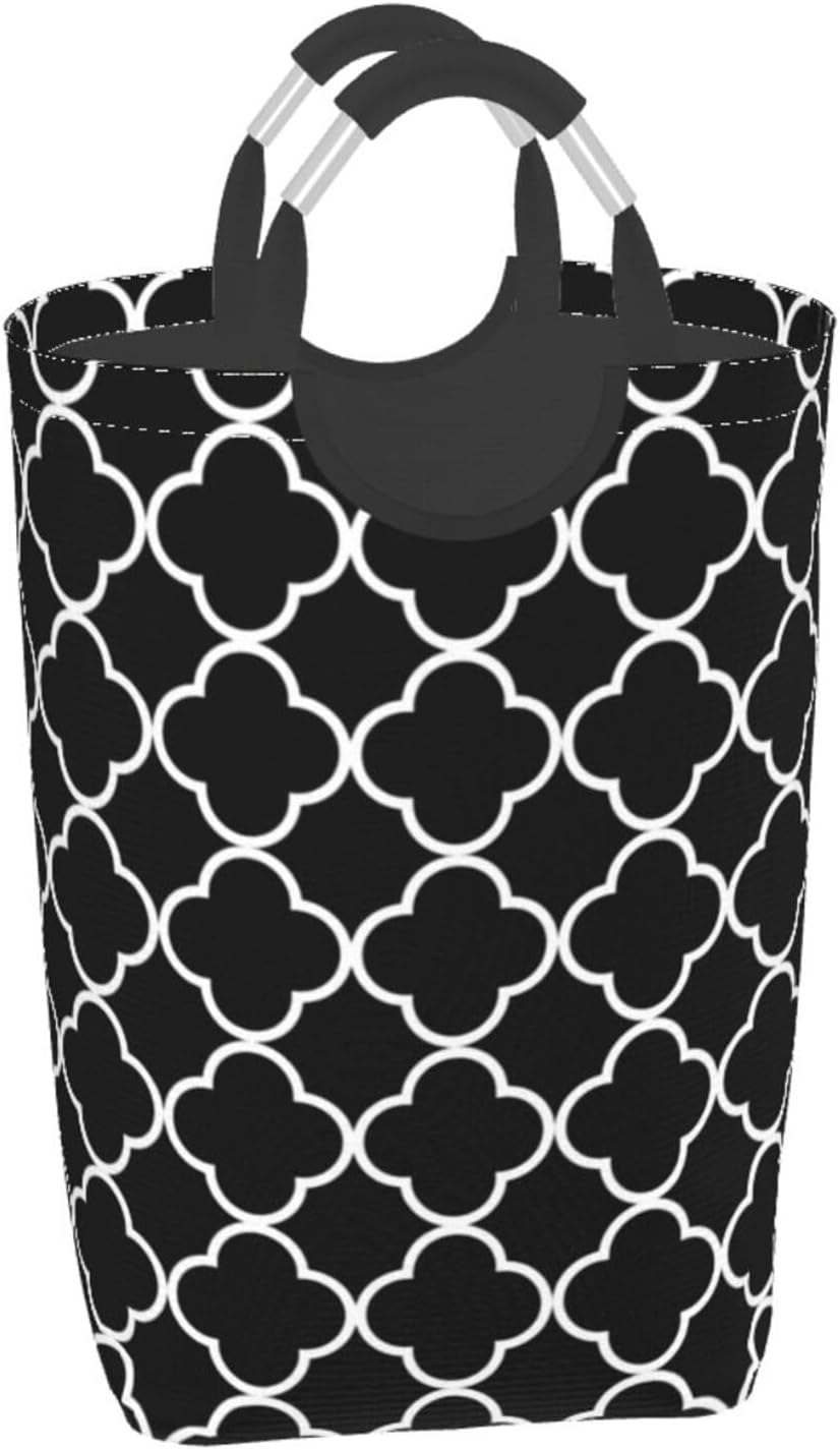 Large Laundry Basket, Quatrefoil Black White Laundry Hamper Bag Collapsible Washing Bin With Handles for College Dorm, Family Essentials Storage