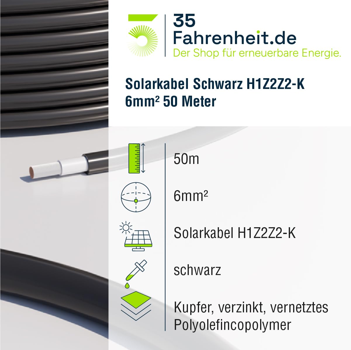 35Fahrenheit Solarkabel 6mm2 H1Z2Z2-K 6mm2 | 50m Verlängerungskabel 6mm2 | UV-beständiges Photovoltaik Kabel 6mm2 Schwarz| UV- & Witterungsbeständig für PV Solaranlage