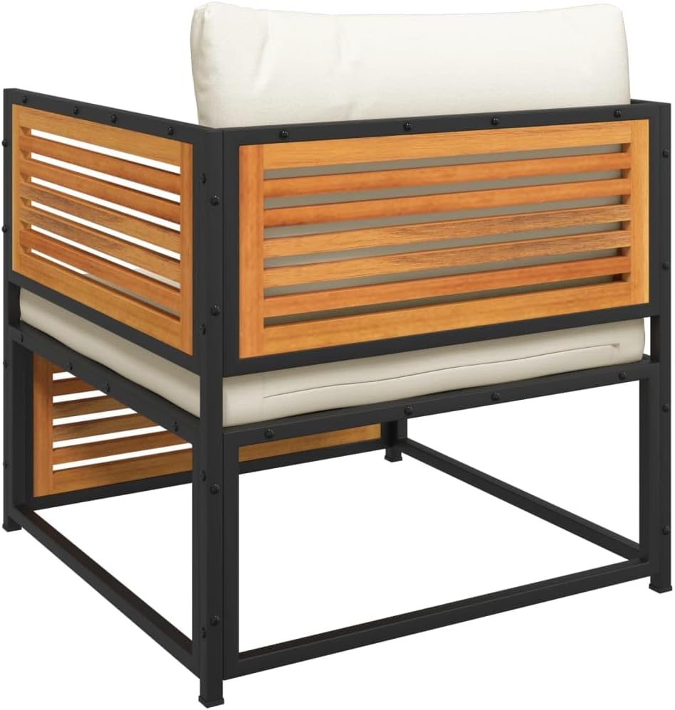 Brown Acacia Wood Outdoor Sectional Chair 26.8" Patio Loveseat with Cream Cushion Modular Small Couch Weather Resistant for Garden Balcony Deck