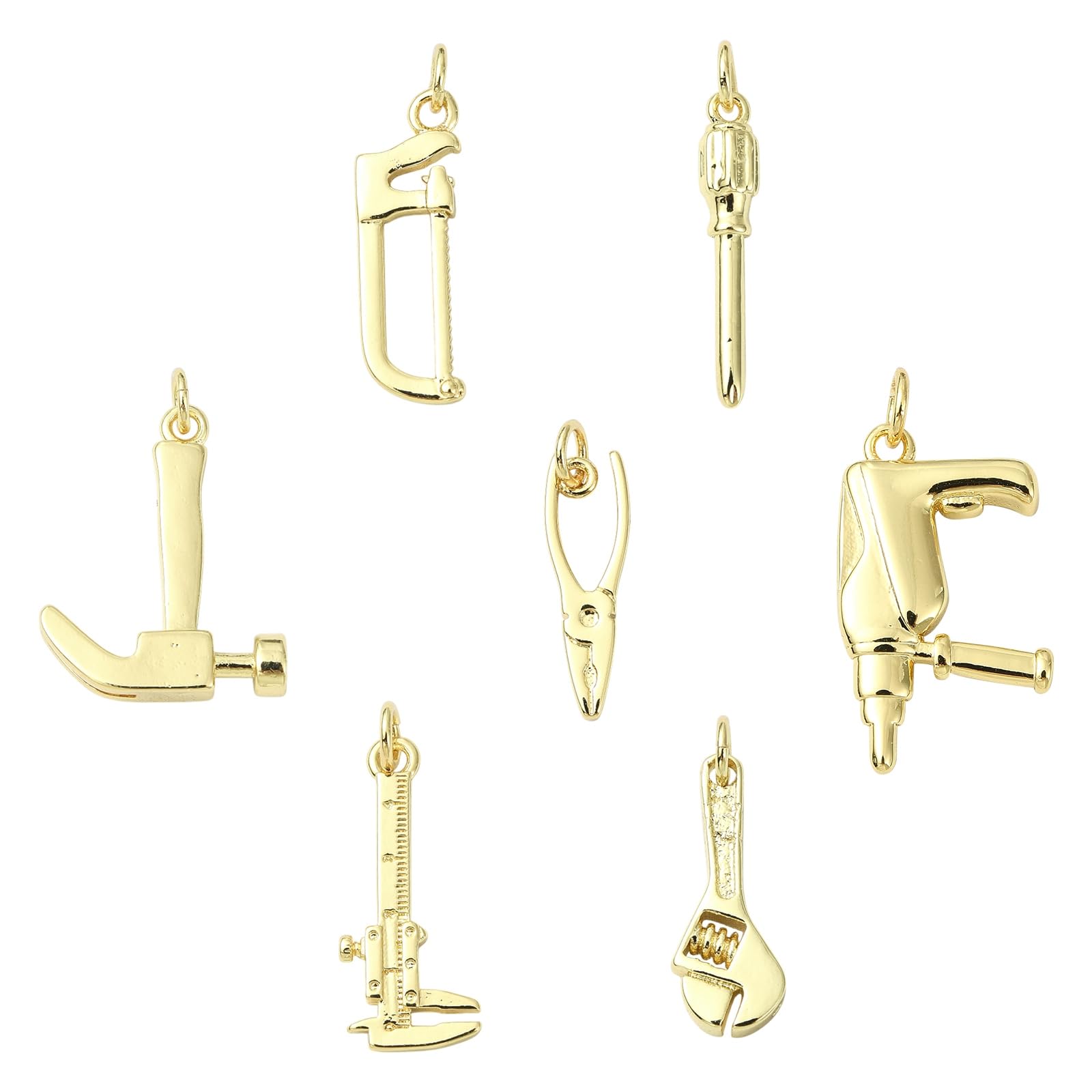 Ipotkitt 14pcs 7 Styles Tool Theme Brass Charms Saw Wrench Hammer Shape 18K Golden Plated Charms for DIY Necklace Earring Bracelet Art Craft Supplies Jewellery Making
