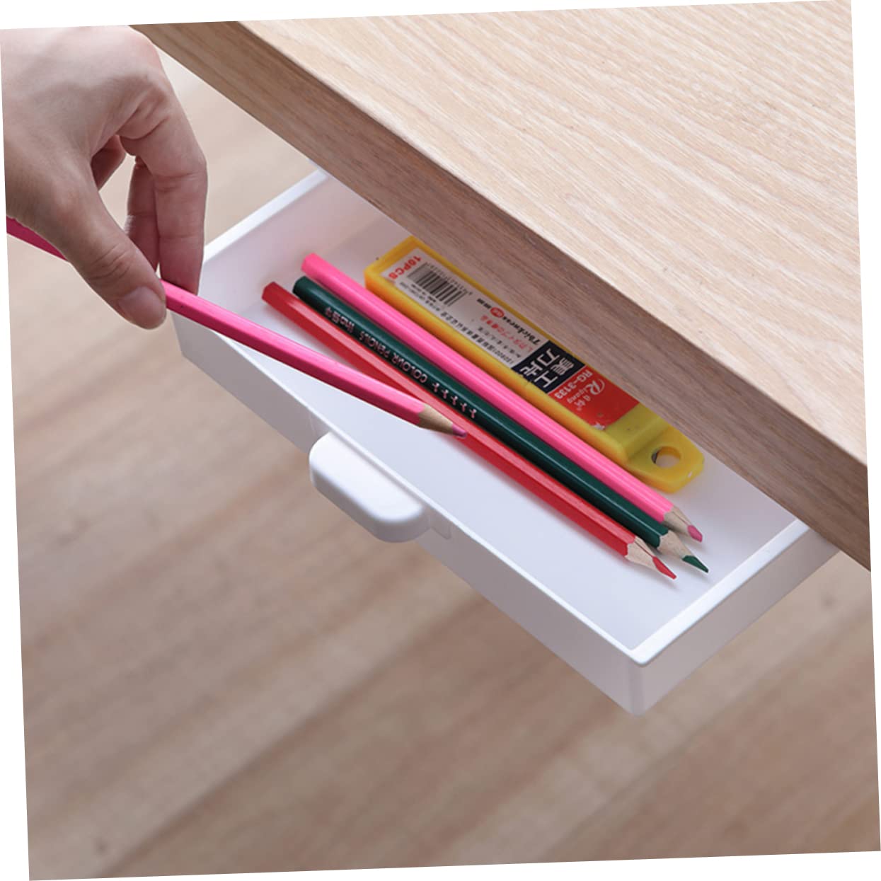 Housoutil 3Pcs Self Adhesive Under Desk Drawer Organizer Hidden Storage Box for Office Supplies Desk Sundries and Kitchen Items Space Saving Easy Installation