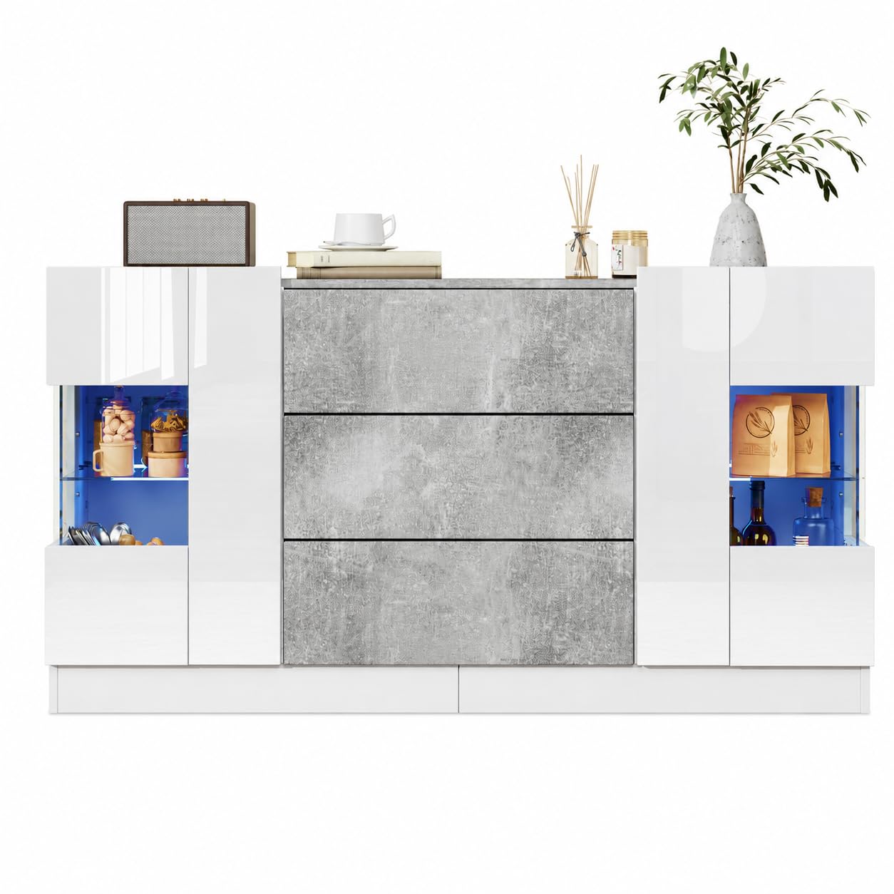 Elegante credenza con 2 ante e 3 cassetti - Frontali bianchi lucidi e effetto marmo grigio, illuminazione a LED a 16 colori, 140 x 35 x 75 cm