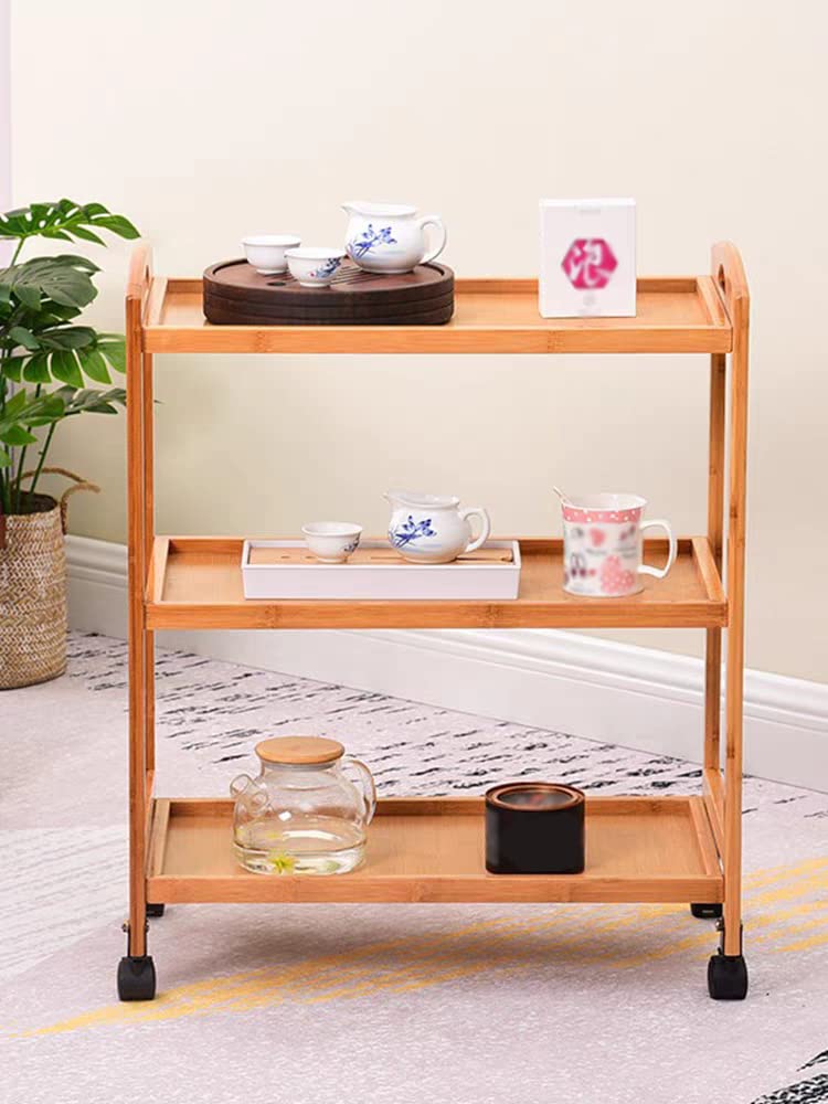 LINGWEI Bamboo Kitchen Trolly Food Serving Cart Wooden Kitchen Cart with Movable Wheels Rolling Storage Cart Kitchen Storage Cart Island Cart with Lock Wheels Wooden Storage Rack
