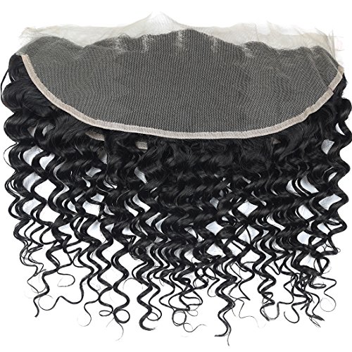 ANGIE QUEEN Free Part Ear To Ear 13x4" Frontal Lace Closure Deep Wave Bleached Knots With Baby Hair Unprocessed Brazilian Virgin Human Hair Front Closures 18 inches Natural Color