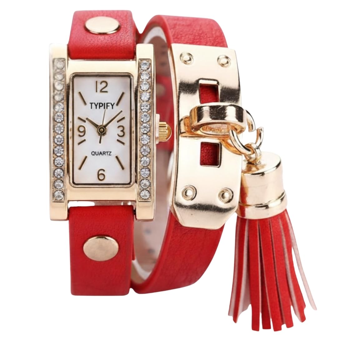 TYPIFY Women’s Bracelet Watch Collection | Stylish Analog Quartz Watches with Leather Strap, Tassel Charm & Gold Dial | Elegant Wristwatch for Girls & Women | Multiple Colors & Designs| Gift for Her