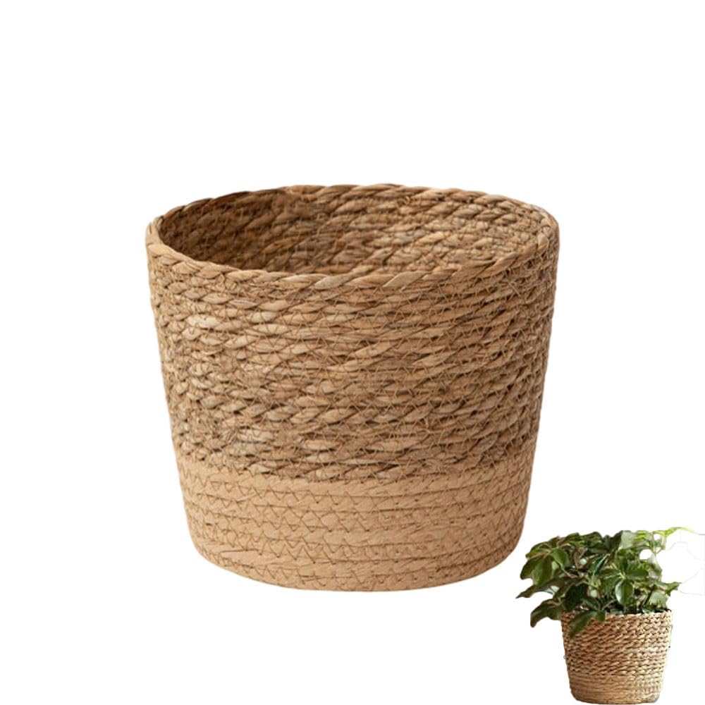 Woven Flower Pot Basket, Seagrass Storage Organizer Planter, Rustic Decorative Plant Containers Cover Laundry Bin for Porch Living Room Entryway (Khaki, 6.1Inch)