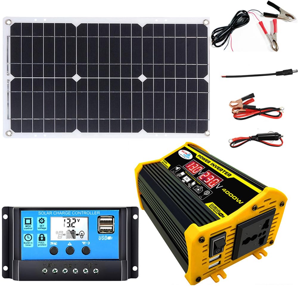Kit de panneaux solaires, Kit de panneaux solaires 3000W avec onduleur, Contrôleur de charge solaire 18W 12V 30A, Complet avec onduleur solaire pour batteries extérieures non incluses (A)