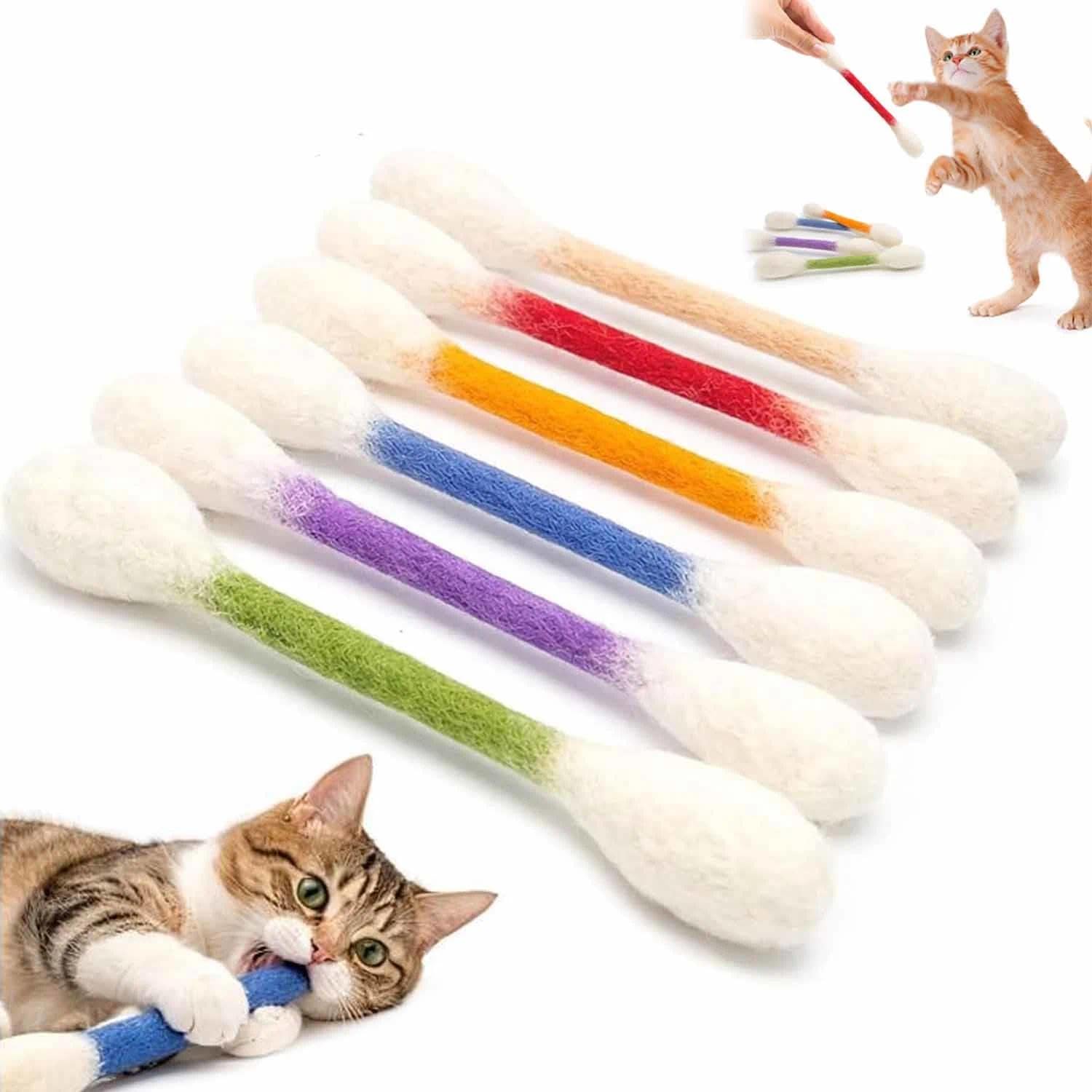 Cotton Swabs Cat Toys with Catnip,6pcs Giant Cotton Swab Cat Toys,Durable Dental Teething Stick,Felt Kitty Kicker Toy Stick,Interactive Biting Toy for Indoor Anxiety Digestive,Stress Relief(Colorful)