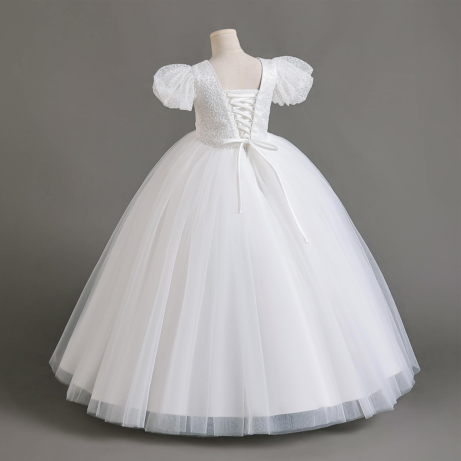 Odizli Vestidos de flores para niña, mangas puf, bowknot purpurina, lentejuelas, línea A, vestido de tul, boda, primera comunión, fiesta, largo de noche