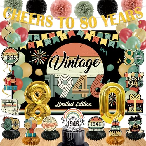 47Pcs 80th Birthday Decorations for Men Women PRE-STRUNG Vintage 1946 Banner Party Supplies Back in 1946 Backdrop Cake Topper Balloons 6 Table Centerpieces Hanging Swirls Paper Pompoms PRE-ASSEMBLED