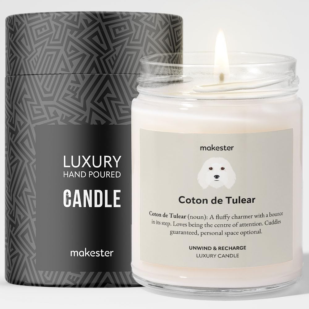 Coton de Tulear Gifts - Luxury Soy Wax Candle - Vanilla, Jasmine, Sugared Almond - Makester, White