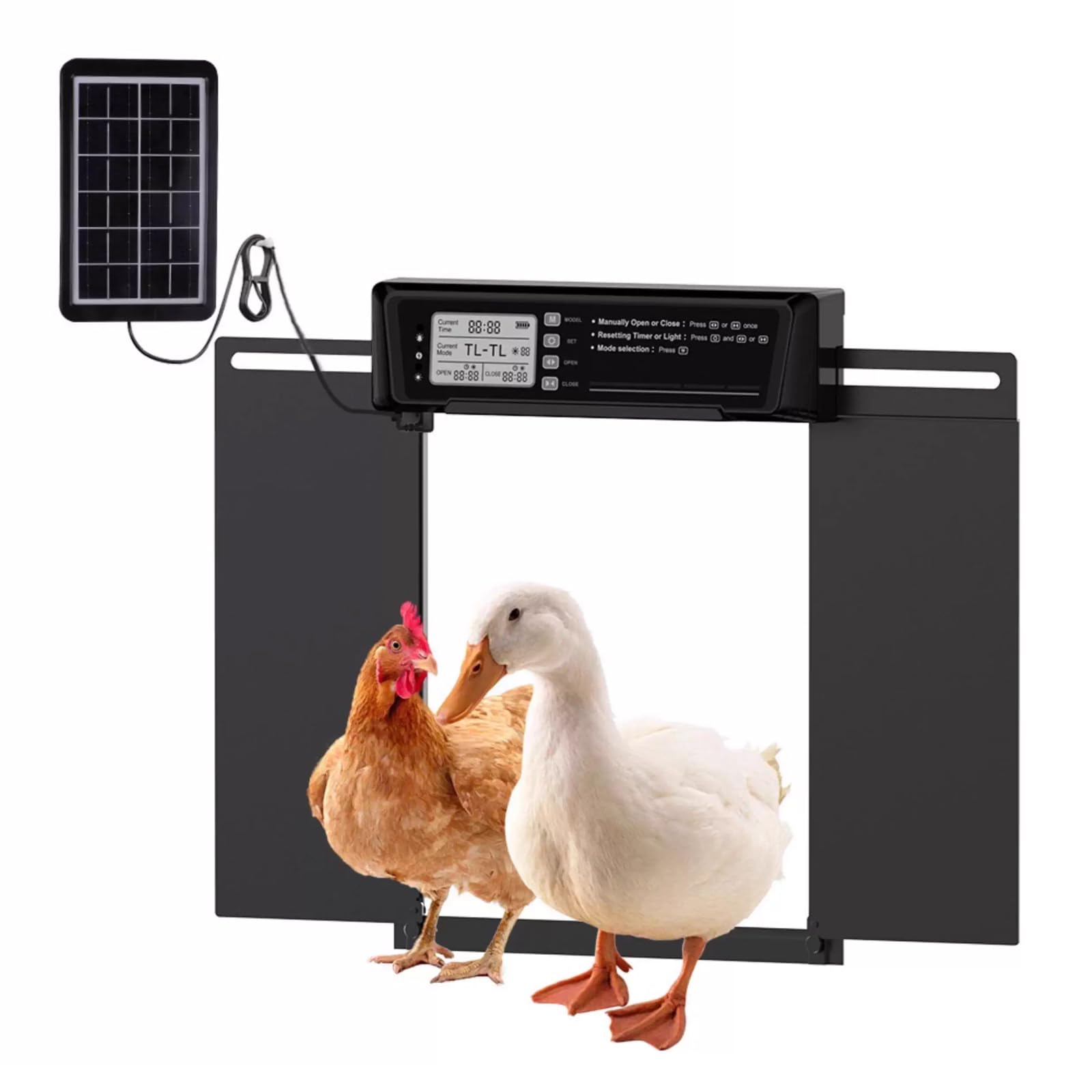 Puerta automática de gallinero con energía solar, temporizador, sensor de luz, control remoto y manual, respaldo USB, antipellizcos, diseño resistente a la intemperie
