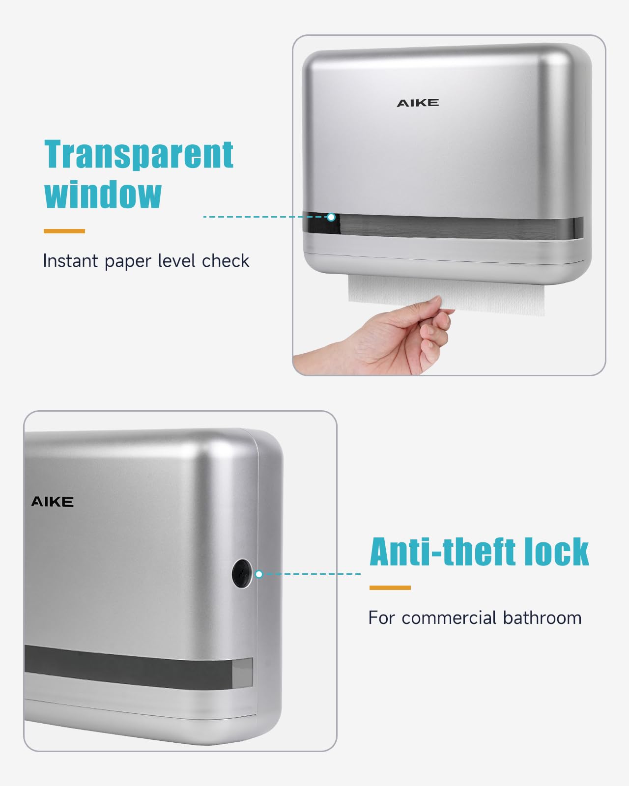 AIKE PageTurner Distributore Carta Asciugamani a Parete, 200+ Fogli, Apertura Laterale per Casa & Uso Commerciale, per Carta H2 Piegata Z (<9cm Larghezza), AK5151 Argento
