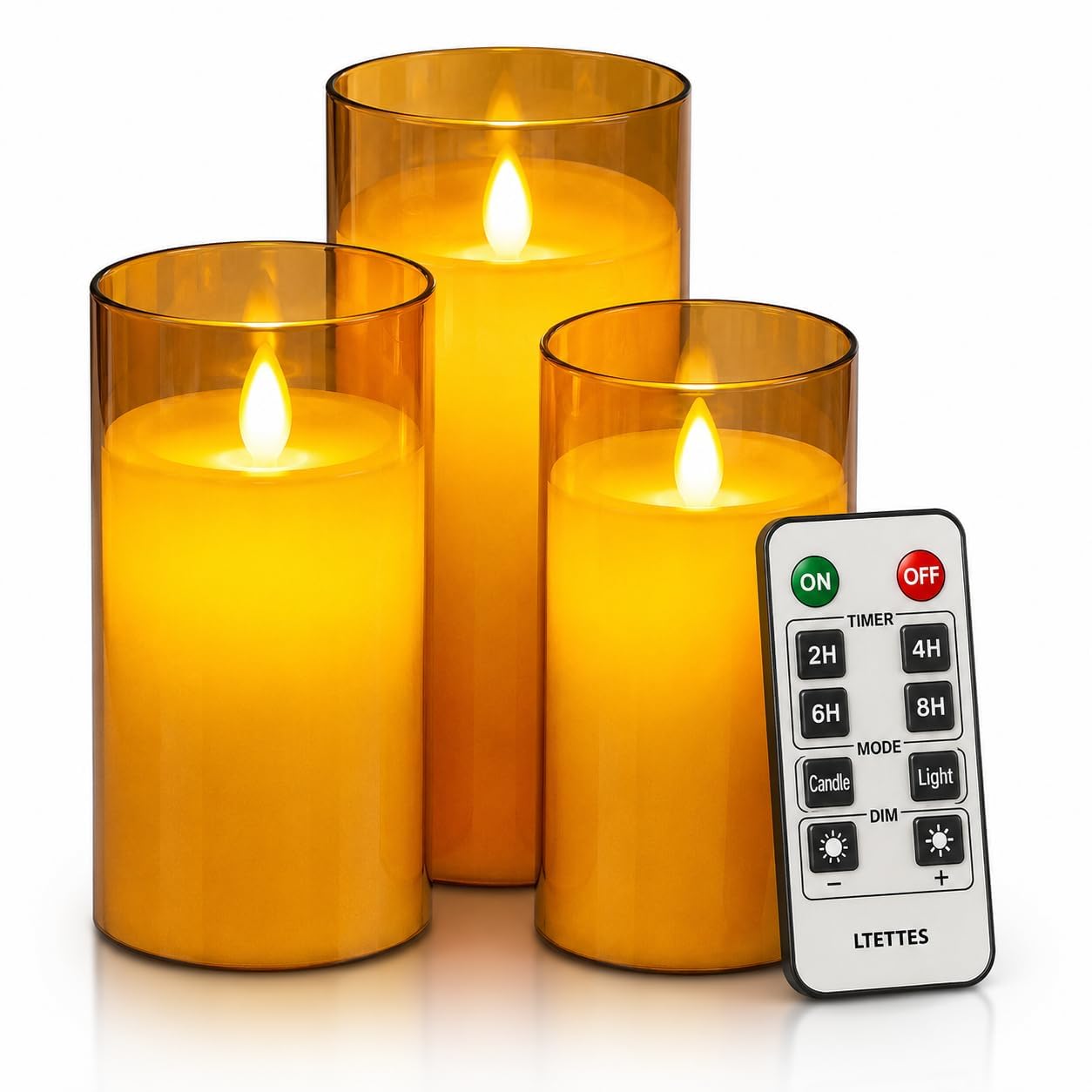 LTETTES Flameless LED Candles AA Battery Powered with Golden Acrylic Fiber Glass with Remote Controller and Timer for Home Festival Wedding Decor (Set of 3-3" D x 4",5",6" H)-image-31