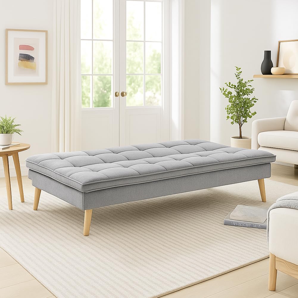 BAKAJI Divano Letto Reclinabile Clic Clac 3 Posti Reclinabile, Rivestimento in Tessuto, Seduta Imbottita ad Alta Densità e Ergonomica, Gambe in Legno, Apertura e Chiusura Facilitata (Grigio)