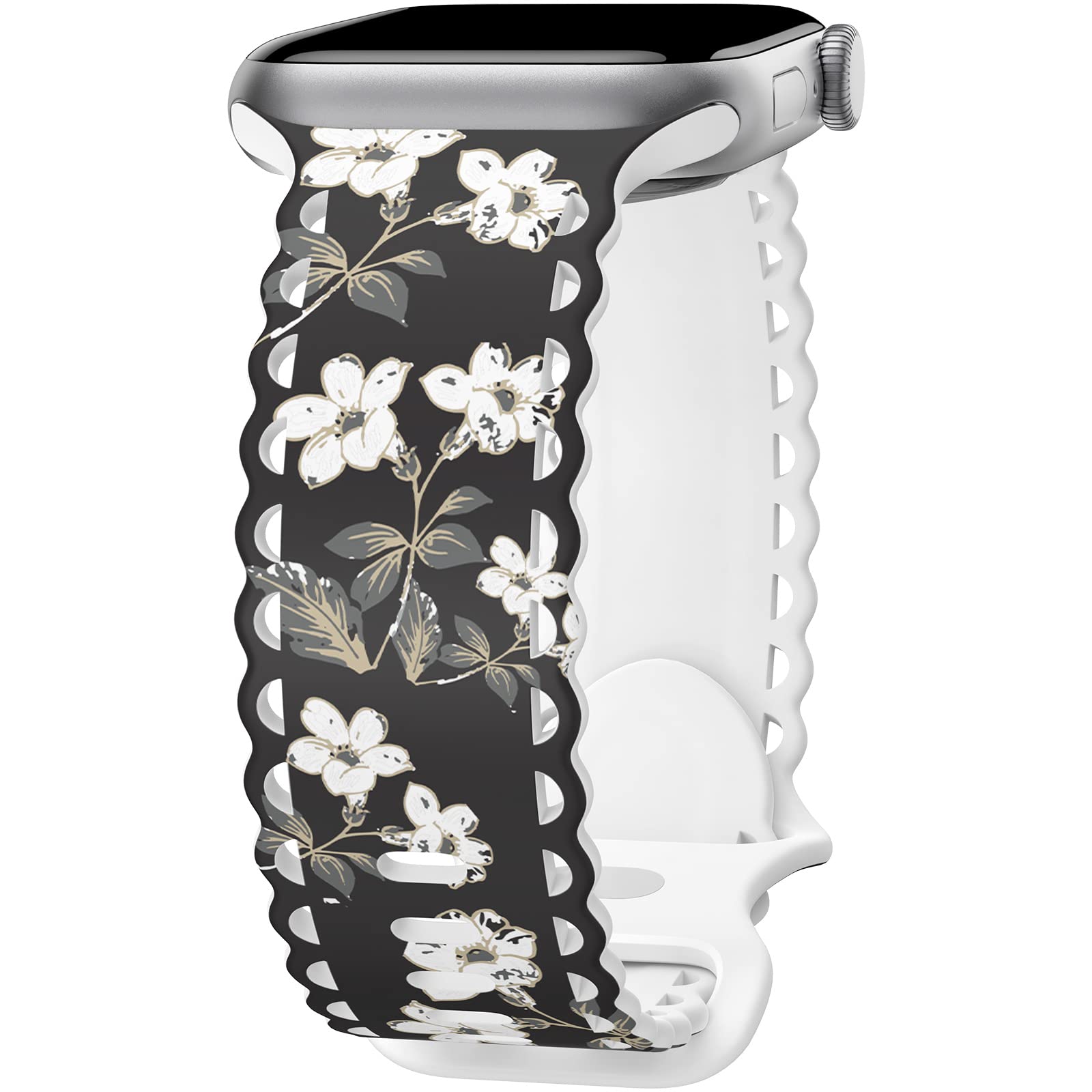Compatible with Apple Watch Band 41mm 40mm 38mm 49mm 45mm 44mm 42mm Women Girl, Floscule Floral Lace Hollow-out Soft Silicone Sport Bands For iWatch Ultra SE Series 10 9 8 7 6 5 4 3 2, Flos-42