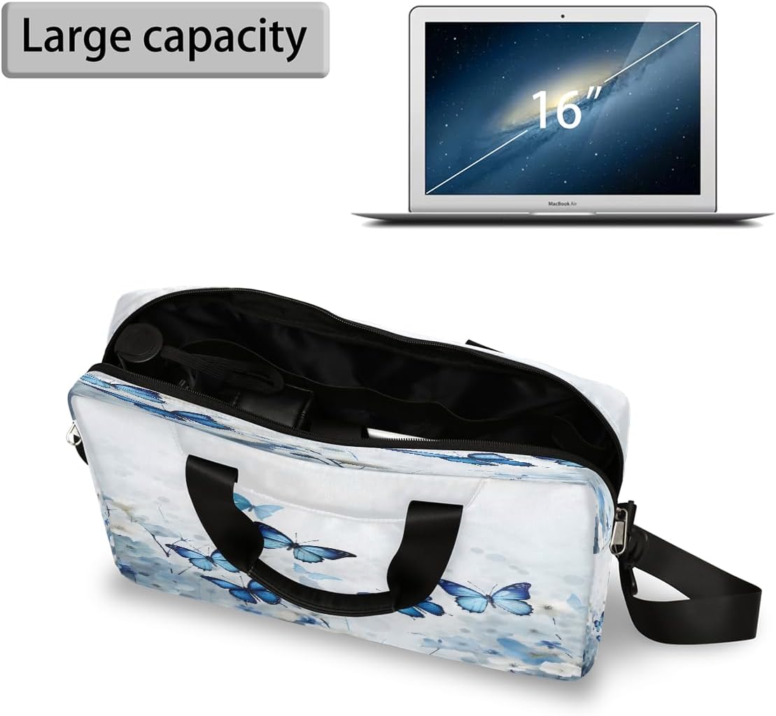 Watercolor Blue Butterfly Flowers Laptop Bag 16 Inch, Slim Business Briefcase for Men Women, Shoulder Bag with Handle & Detachable Strap, Work Office Computer Messenger Bag
