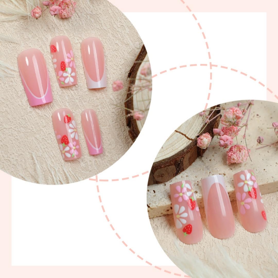 SXVME White French Tip False Nails Long Coffin with Floral Strawberry Design Natural Nude Press on Nails Long Ballerina Cute Acrylic Fake Nails for Women Finger Manicure 24 Pcs - Image 2