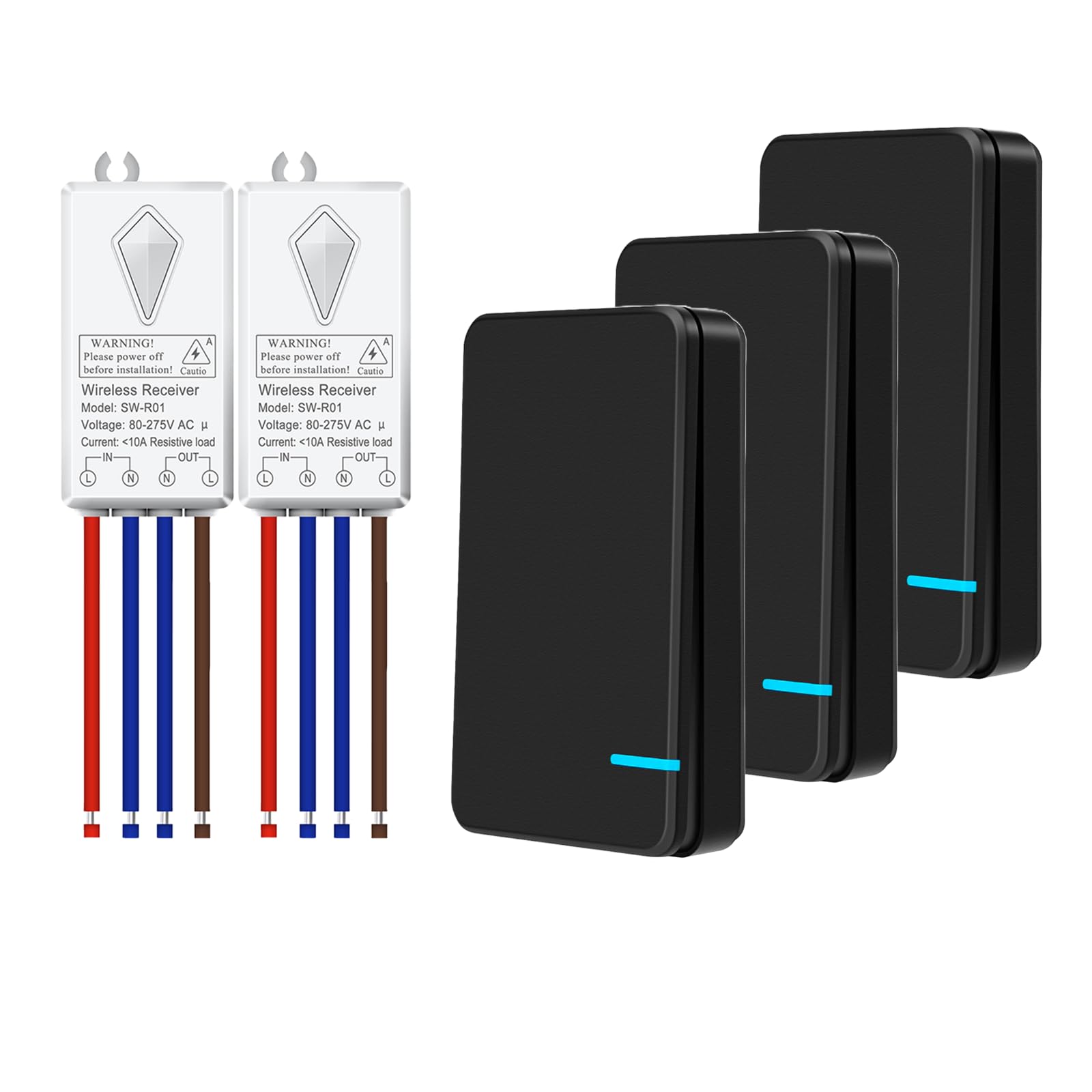 NineLeaf Wireless Light Switch and Receiver Kit Black,No Wiring No Interference,400m Range,Remote Control Light Switch for Lamps,Ceiling Lights,Fans,3 Switch + 2 Receiver — image 1