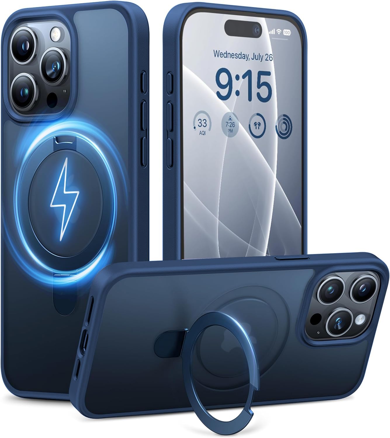 DIZORO Polycarbonate Magnetic Ring Stand For iPhone 15 Pro Case [Military Drop Protection] [Compatible With Magsafe] Shockproof Matte Translucent Slim Phone Case-Blue