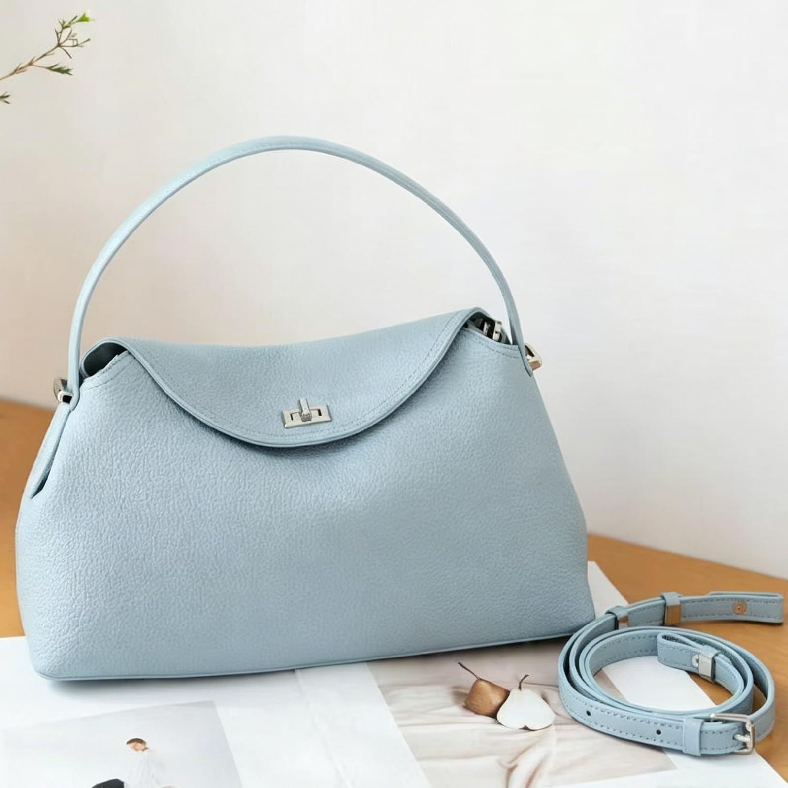 Borsa a mano da donna in pelle di vacchetta | Borsa sottobraccio di grande capacità con manico superiore e chiusura in metallo per viaggi, shopping, lavoro, appuntamenti