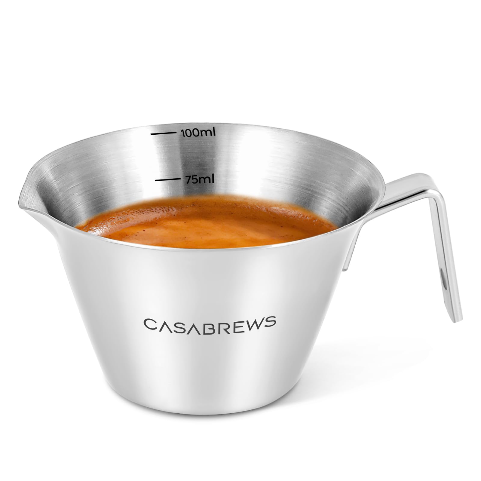 CASABREWSEX-100CC Espresso Cup, Stainless Steel Espresso Shot Cup with V-Shaped Spout for Precise Pouring, Durable Coffee Cup with Ergonomic Handle, Espresso Machine Accessories, 3.5OZ/100ML