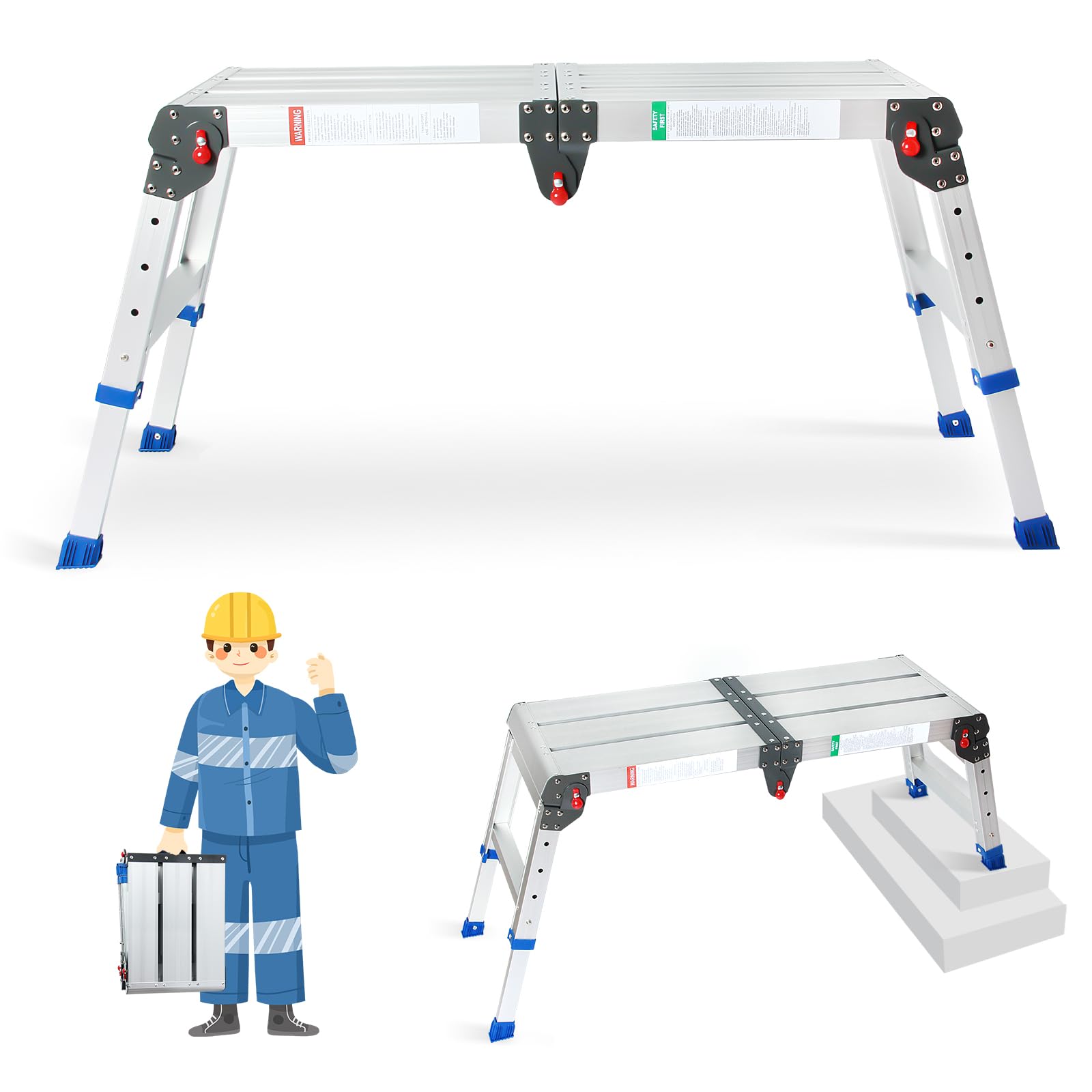 LEADALLWAY Adjustable Work Platform Step Stool 43"(L) x12(W) x20(H) Aluminum Platform Ladder with One-Touch Automatic Fold 330 Lbs Capacity
